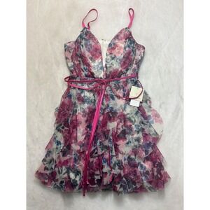 Pear Culture Lace Trim Floral Ruffle Mini Dress Pink Blue White Spaghetti Strap‎